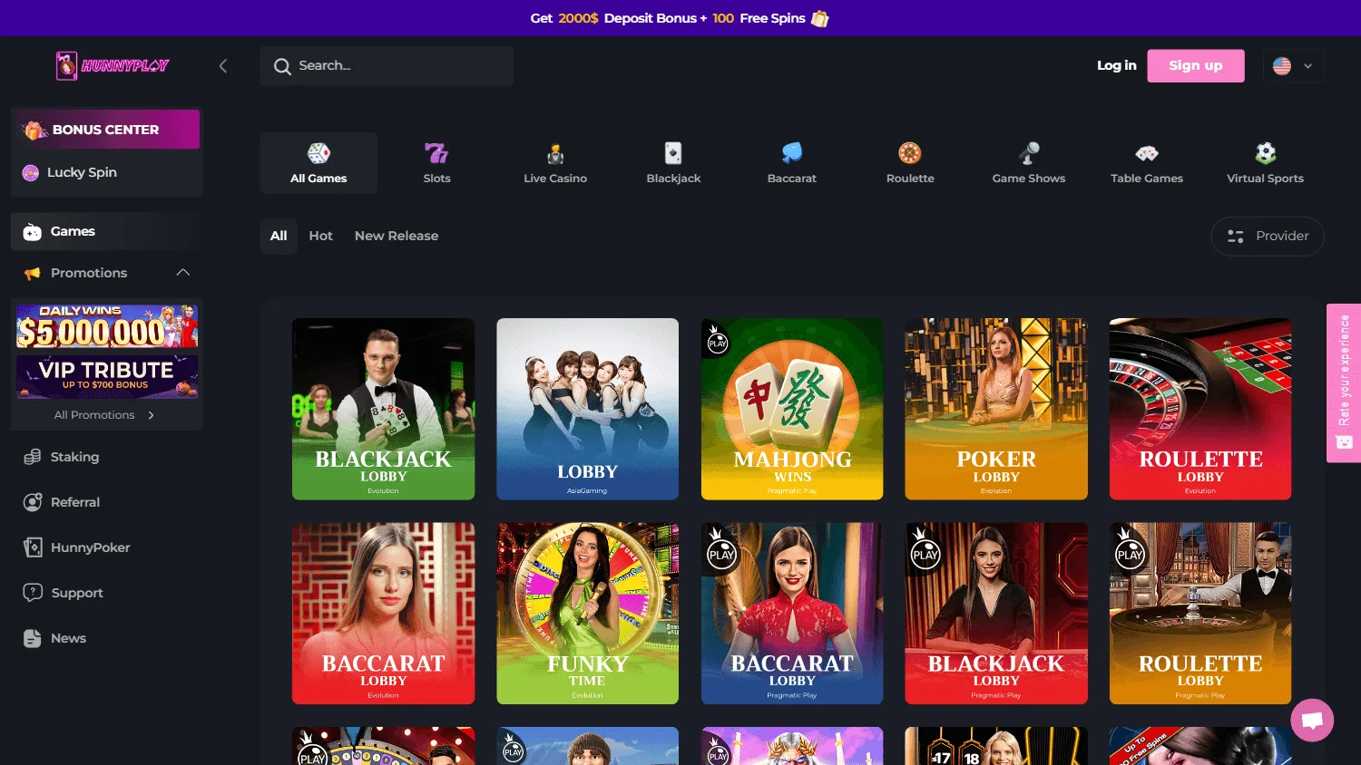 HunnyPlay Casino games screen on desktop