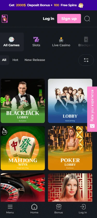 HunnyPlay Casino games screen on a mobile device