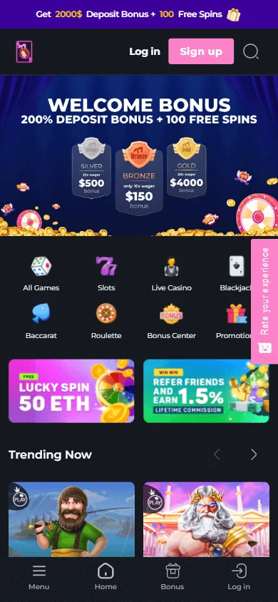 HunnyPlay Casino home screen on a mobile device