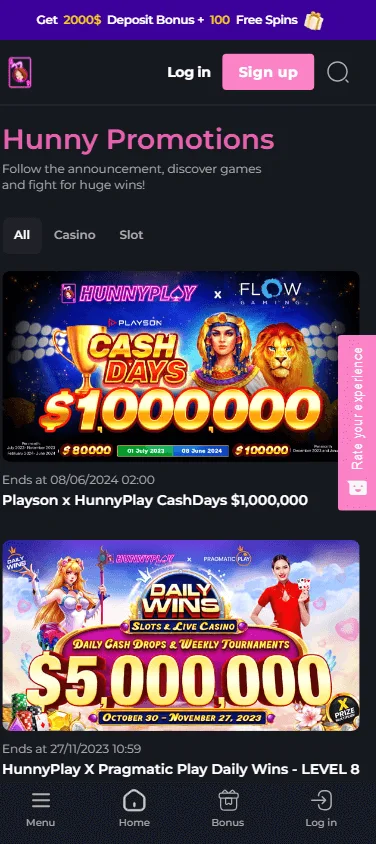 HunnyPlay Casino promotions screen on a mobile device
